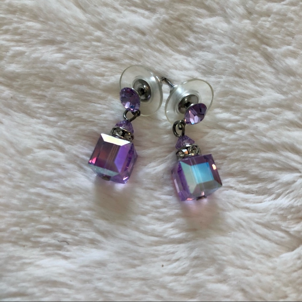 Purple Crystal & Rhinestone Dangle Stud Earrings Silver 1” Prom Jewelry